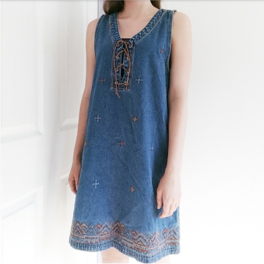Vintage Denim Sleeveless Dress with Embroidered Details